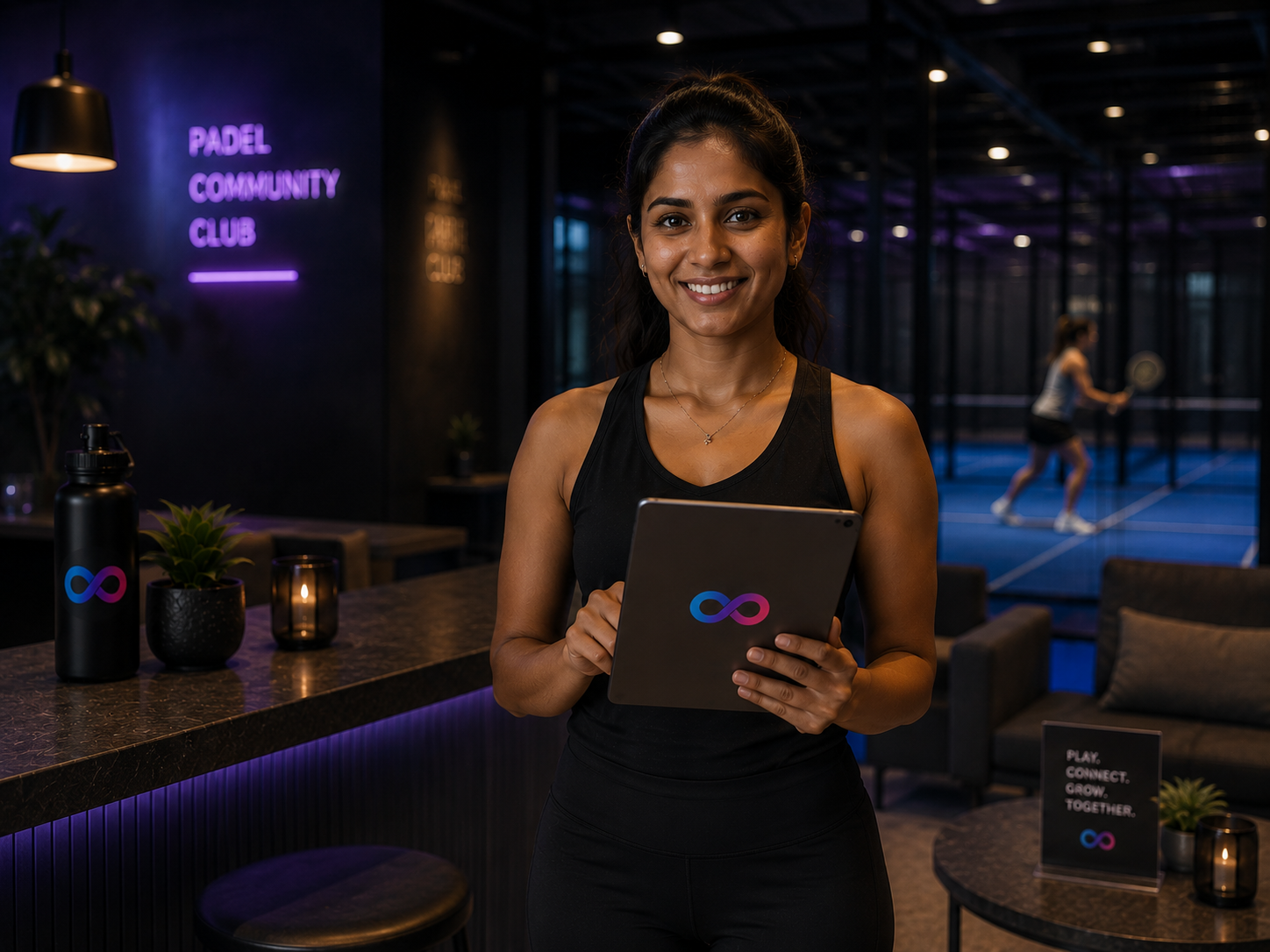 Padel club host welcoming a member with the Loop app on a tablet